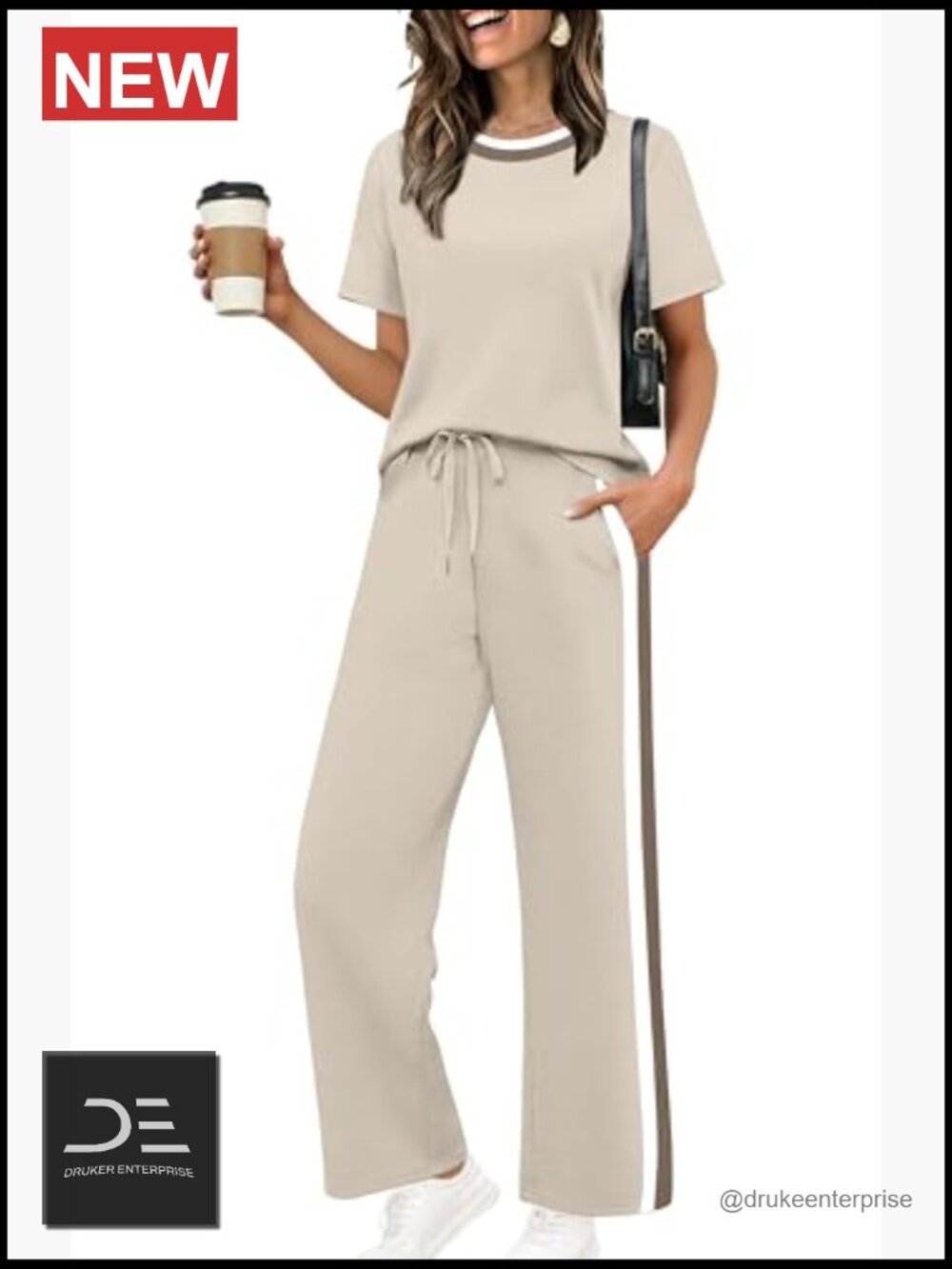 2 Piece Lounge Set for Women - Short Sleeve Top & Wide Leg Pants with Pockets - Picture 2 of 7